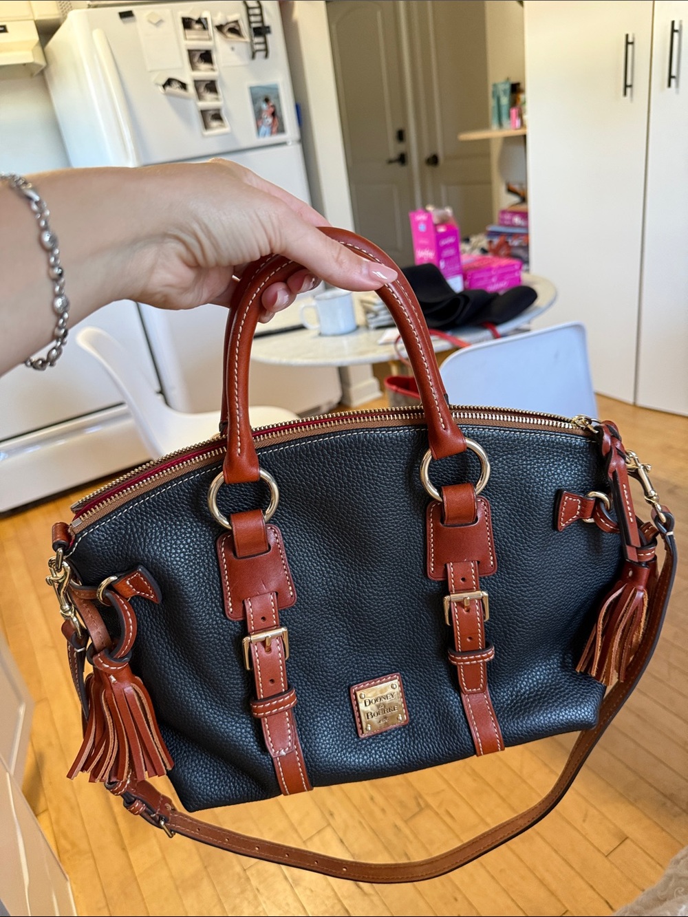 Dooney & Bourke Black Pebbled Leather Satchel with Brown Trim and Tassels
